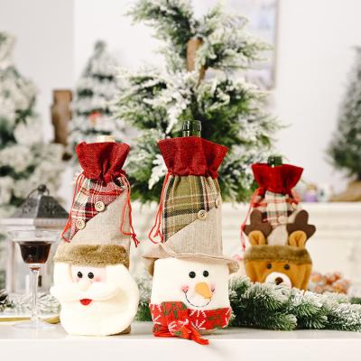 China Christmas Decor Gift Santa Clause Snowman Reindeer Linen Button Plaid Canvas Drawstring Bag Bags Bottle Cover for sale