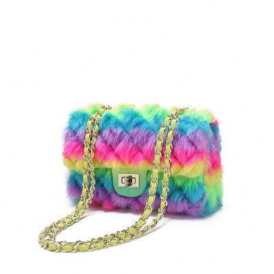 China High Quality PU Shoulder Rainbow Leather Cross - Body Purse Chain Hit Color Fur Mini Bags Messenger Bag Colorful Furry Purses and Handbags for sale