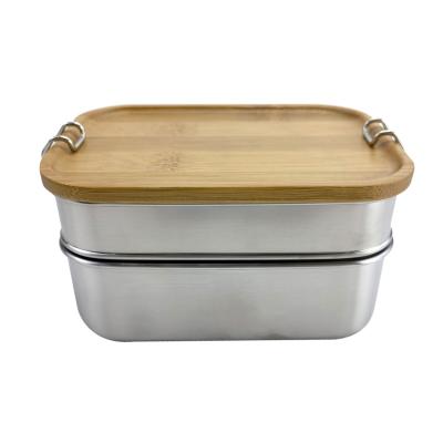 China Stainless Steel Heatable Eco-friendly Lunch Box Double Layer Leakproof Food Grade With Bamboo Lid With Buckle Lunch Box for sale