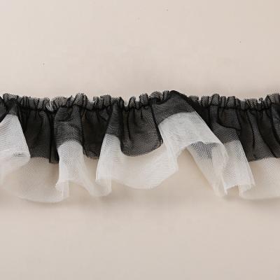 China 2layers high quality sustainable soft and flexible gathered elastic ruffle lace trim pleated lace trim for babies dolls dress skirt decor for sale