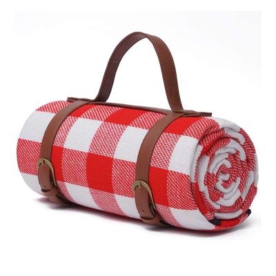 China Acrylic Sand Proof Large Waterproof Neoprene Recycle Printed Quilted Foldable Picnic Blanket With Leather Strap for sale