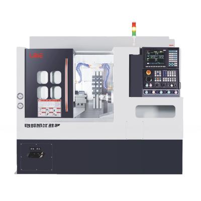 China Dormitorio inclinado de doble cabeza Torno de eje en vivo Torno de doble torreta Torno CNC 5.5kw Potencia del motor del eje en venta