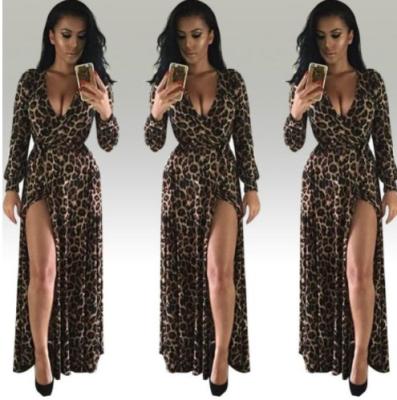 China Washable express selling new European and American leopard sexy V-neck long sleeve side split dress floor length for sale