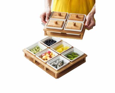 China Living Room Ideas Ceramic Dried Fruit Snacks Boxes Sustainable Combo Tray Bamboo Tray With Ceramic Bowl for sale