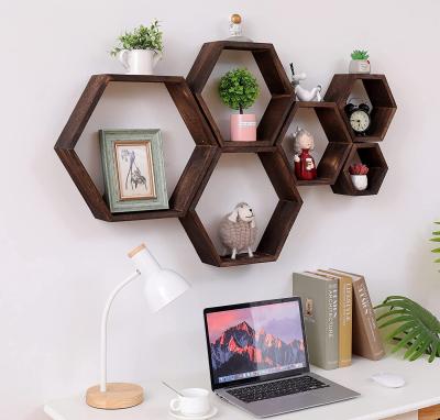 China Shelves Traditional Wall Mounted Hexagon Hexagon Wall Shelves Farmhouse Hexagon Wooden Bamboo Wooden Hex Shelves for sale