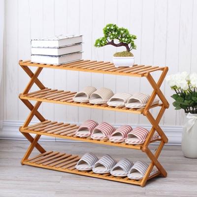 China Modern Eco-Friendly Foldable 4 Tiers Natural Bamboo Shoes Rack Wooden Shoe Storage Entryway Organizer for sale