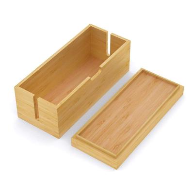 China Office Supplies Large Smooth Wood Skin Organizer Bamboo Cord Storage USB Cable Management Box for sale