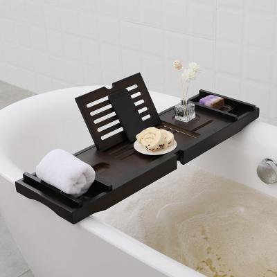 China Sustainable Wholesale Eco - Friendly Bathroom Storage Organizing Tray Bamboo Bathtub Caddy Tray Black for sale