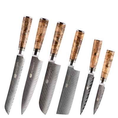 China FINDKING 6 Pcs AUS-10 Damascus Steel Sapele Handle Arrow Style Damascus Sustainable Wood Knife Set 67 Layers Knife Set Damascus Chef for sale