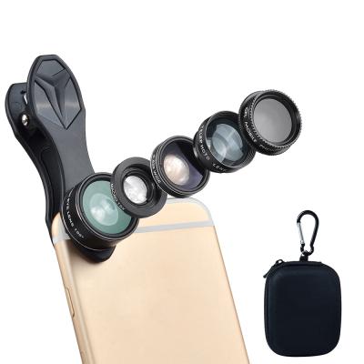 China New premium external fisheye stretching multifunctional phone camera removable lens phone 5 in 1 lens kit for all mobile for sale