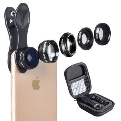 China Multifunctional clip on wide angle fisheye telescope lens kit macro for phone fixed focus wholesale private label 5 in 1 phone camera lens for sale