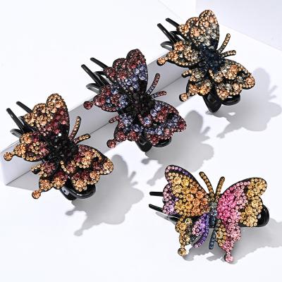 China Butterfly hair claw clips for women Mengxin three teeth diamante korean rhinestones crystal butterfly hair accessories claw clips with stones for women for sale