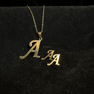 China HOT Trendy Silver Gold Plated Women's Initial A-Z Alphabet 26 Letters Earring Stainless Steel Necklace Pendant Jewelry Set For Girls for sale