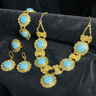 China Fashion Innocation TRENDY African Women Gift Stunning Gold Plated Jewelry Sets With Blue Stone for sale