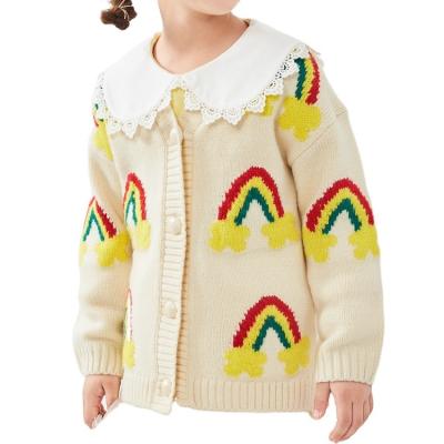 China Colorful Anti-wrinkle kids cardigan autumn jacquard knitwear cotton pure rainbow pattern kids cardigan jacket for sale