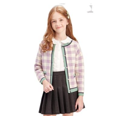 China Anti-wrinkle cardigan for girls 2020 spring children's clothing new style purple plaid jacquard kids cardigan sweater for sale