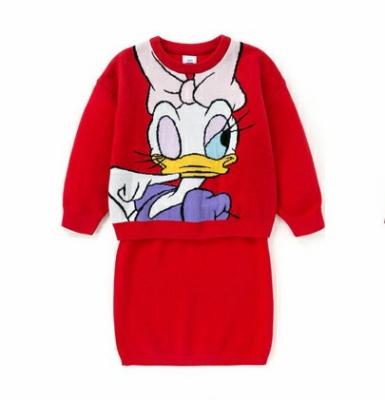 China Anti-wrinkle children's suit girls autumn outfit style sweater cartoon pattern jacquard western short skirt suit for sale