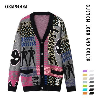 China Anti-wrinkle OEM men's Intarsia cardigan knit loose cardigans long winter pattern jacquard cardigan custom sweater for sale