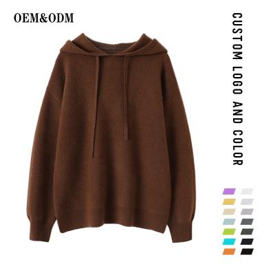 China street casual pure loose style Anti-wrinkle simple design cashmere winter pullovers women sweater hooded sweater knitted hoodies sweater for sale