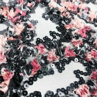 China Breathable Net Floral Embroidery Pearl Beading Materials 3D Lace Tulle Sheer Fabric For Wedding Dress for sale