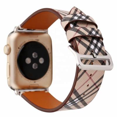 China IVANHOE Tartan Plaid Texture Leather Band for Apple Watch, Watch Wrist Band Strap Leather Strap with Stainless Steel Clasp for sale