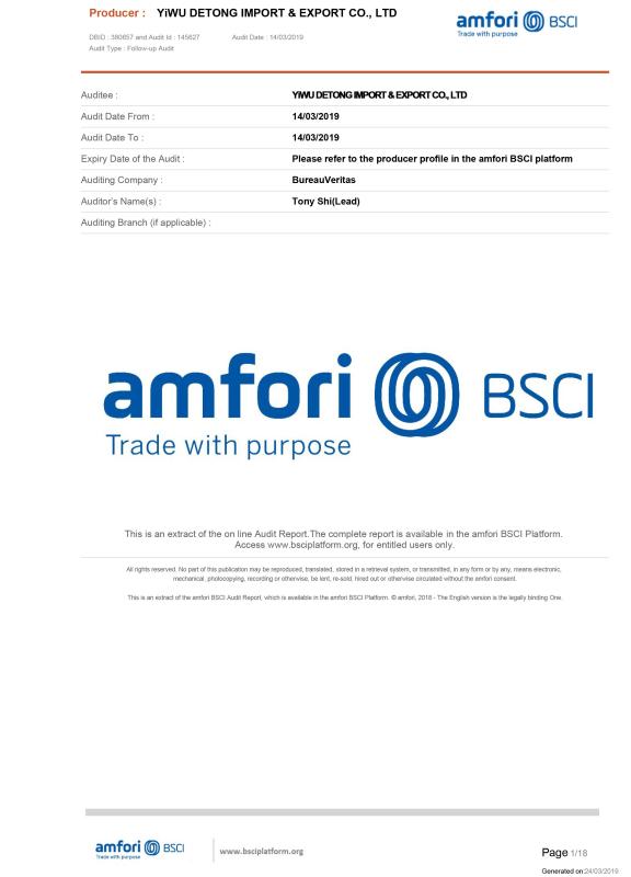 BSCI - Yiwu Detong Import And Export Co., Ltd.