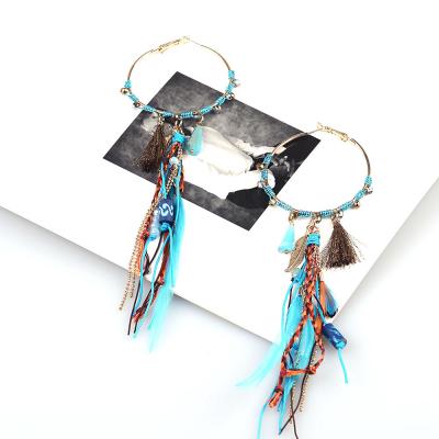 China National CLASSIC Hot Selling Bohemian Style Feather Beads Long Tassel Woman Dangle Earrings for sale