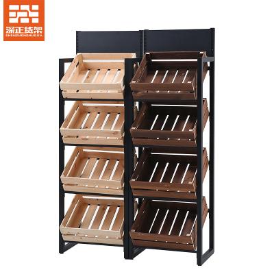 China Customized Supermarket Wooden Shelves Wooden Shelf Rack Wine Shop Display Racks Wooden Boxes Fruit Dry Display Rack for sale