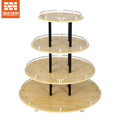 China Reinforce Round Column Wooden Container Shelf Supermarket Snack Shelf Stack Head Display Rack Mother And Baby Shop Island Cabinet Rack for sale