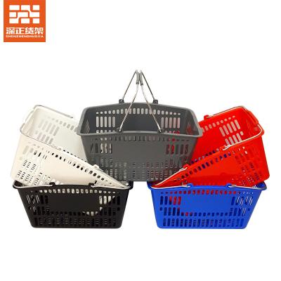 China Durable Customizable Supermarket Black Plastic Shopping Basket With Two Metal Handles for sale