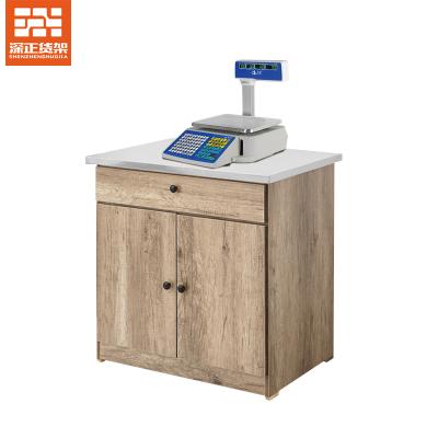 China Stainless Steel Supermarket Weighing Table Wooden Electronic Scale Weighing Wooden Shelf Stainless Steel Table Cashier Cabinet for sale