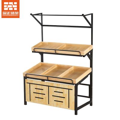 China Customizable wooden steel wooden fruit vegetable display rack supermarket fruit and vegetable shelf for sale