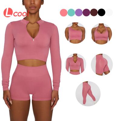 China Lcool breathable 2022 5 PCS HOT women one shoulder sports bra fitness set crack! crack! Seamless Butt Leggings Yoga Set Activewear Set for sale