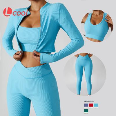 China Lcool Breathable Fitness Workout Apparel Sports Bra Ribbed Crop Top Jacket And Gaiters Set 3 Pieces Set Active Wear for sale