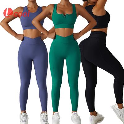 China Lcool breathable activewear sports bra v cut ribbed plus size leggings yoga set plus size active wear for sale