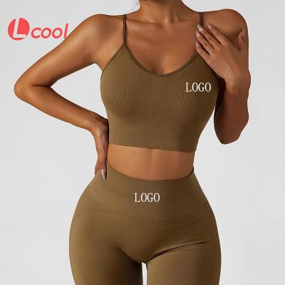 China Lcool Breathable Strappy Sports Bra Seamless Spandex Leggings Set Custom Logo Tummy Control Workout Sets for sale