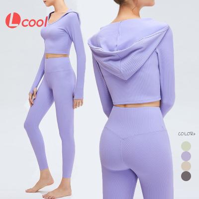 China Wholesale Breathable Lcool Top Rib Long Sleeve Crop Top Hooded Fitness Set Gaiters Set Casual Sports Wear Gym Wear Women Sets Long Sleeved for sale