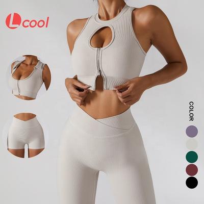 China Breathable High Quality Zipper Yoga Set 3 Piece Lcool Gym Wear Fitness Gym Clothing Sets Ribbed Activewear Set for sale