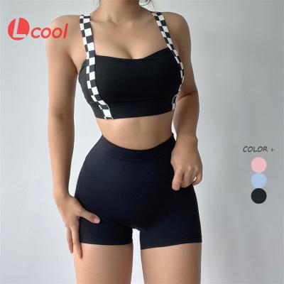 China Breathable Lcool Gym Wear Support Jogger Vest Checkerboard Patchwork High Running Cross Back Bra for sale