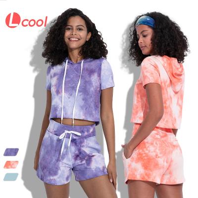 China Lcool Breathable Custom Logo 2 Piece Outfits Women Tie Dye Hoodie And Tracksuit Cropped Shorts Set for sale