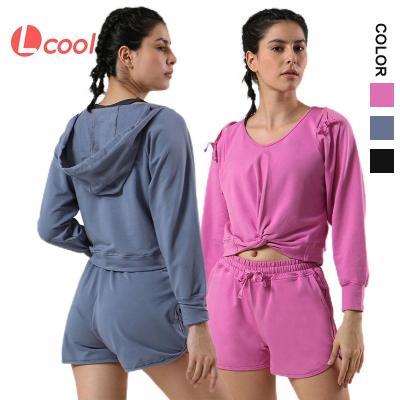 China Lcool Breathable Custom Plus Size Gym Short Sweatpants And Tops Cotton Casual Crop Hoodie Set 2PCS Women Hoodies Shorts Pants Set for sale