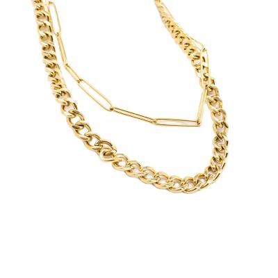 China Hiphop Stainless Steel 18k Gold Plated High End Necklace Paper Clip Cross Cuban Long Double Chain Chain for sale