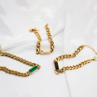 China New Hiphop 18k Gold Plated Cuban Bracelet Chunky Miami Cuban Chain Stainless Steel Malachite Natural Shell Bracelet for sale