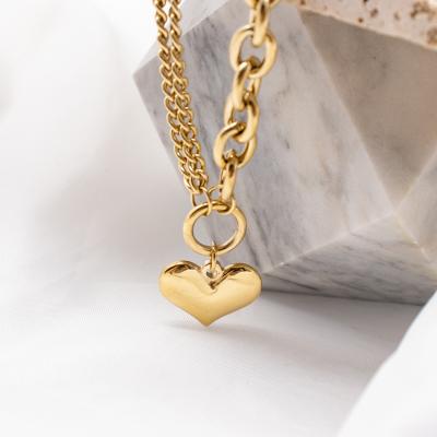 China Wholesale Europe And America Stainless Steel Necklace 18k Gold Plated Double Layered Heart Necklace Pendant Jewelry for sale