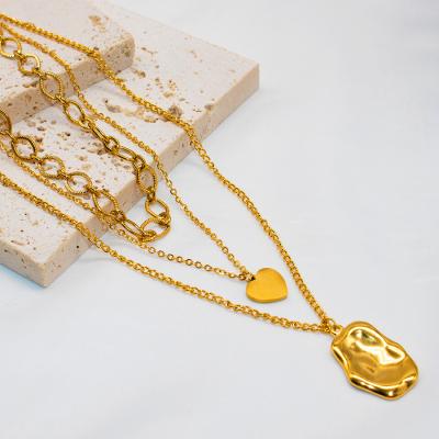 China TRENDY 18K Gold Plated Stainless Steel Necklace Triple Fold Wear Fashion Jewelry Heart Disc Geometry Pendant Irregular Necklaces for sale