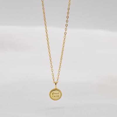 China Vintage Good Luck Letter Round Small Gold Coin Jewelry S925 Sterling Silver Gold Plated Lucky Pendant Necklace for sale