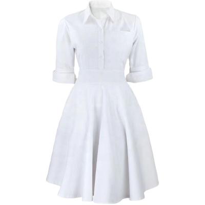 China OEM Comfortable Service Cheap Price Scrub White Antibacterial Sweat Wick Long Sleeve Bow Tie Washable Nurses Dress Uniform Hospital for sale