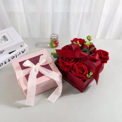 China Recyclable Low Moq Ready To Ship Square Flower Boxes Custom Logo Red Pink Premium Quality Flower Packaging Boxes With Clear Window for sale