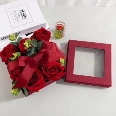 China Recyclable Red Gift Box Square Shaped With PVC See Through Window 2 Pieces Luxury Flower Box For Bouquets Pink Square Flower Box for sale