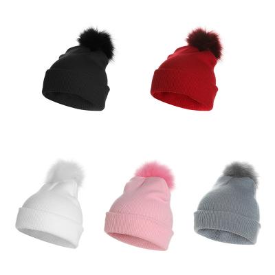 China COMMON Single Ball Fox Fur Ball Knitted Winter Hat Woman Winter Knitting Warm Woolen Hat for sale